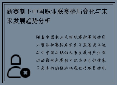 新赛制下中国职业联赛格局变化与未来发展趋势分析