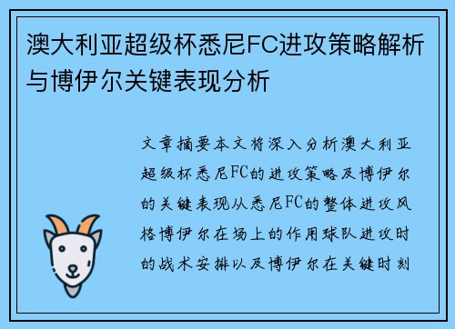 澳大利亚超级杯悉尼FC进攻策略解析与博伊尔关键表现分析
